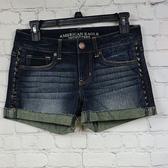 AE American Eagle Faux Leather Trim Dark Denim Cutoff Shortie Short Sz 4 - Picture 5 of 8